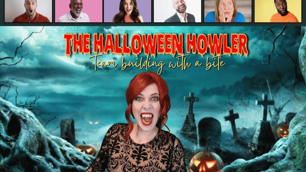 Event host dressed as a vampire, in front of a virtual team meeting